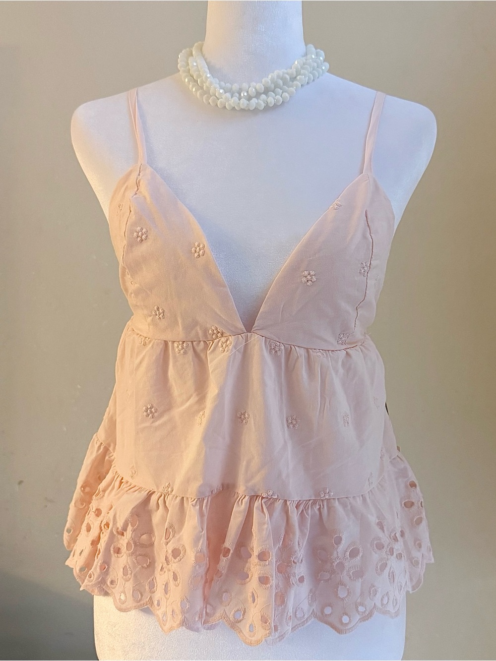 Haute Monde Pale Pink Eyelet & Embroidered Ruffle Cami